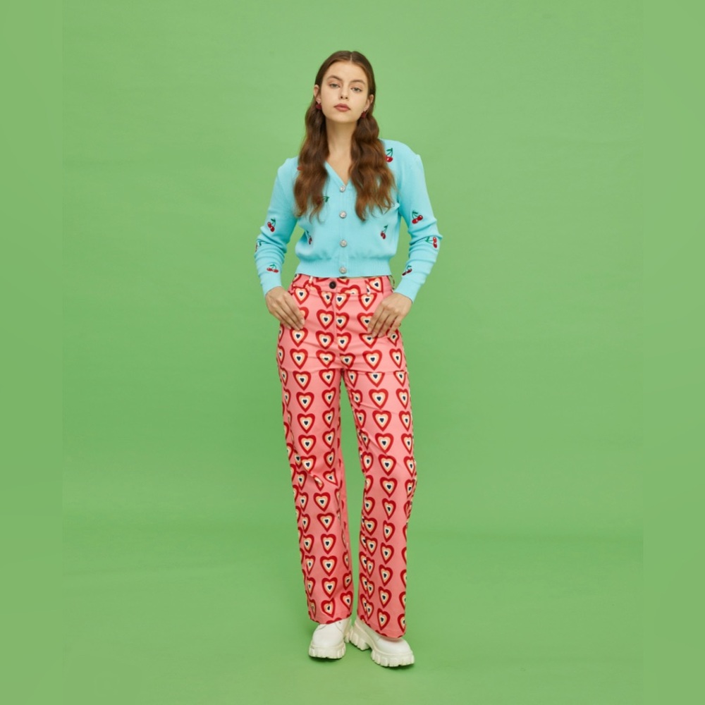 High Rise Wide Leg Heart Pants